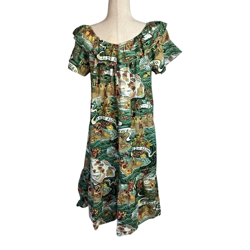 Hilo Hattie Hawaiian Original Muumuu Dress Large Land of Aloha Map Print Green